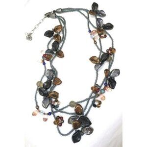 VINTAGE Czech Art Glass beaded necklace in pewter and bronze tones